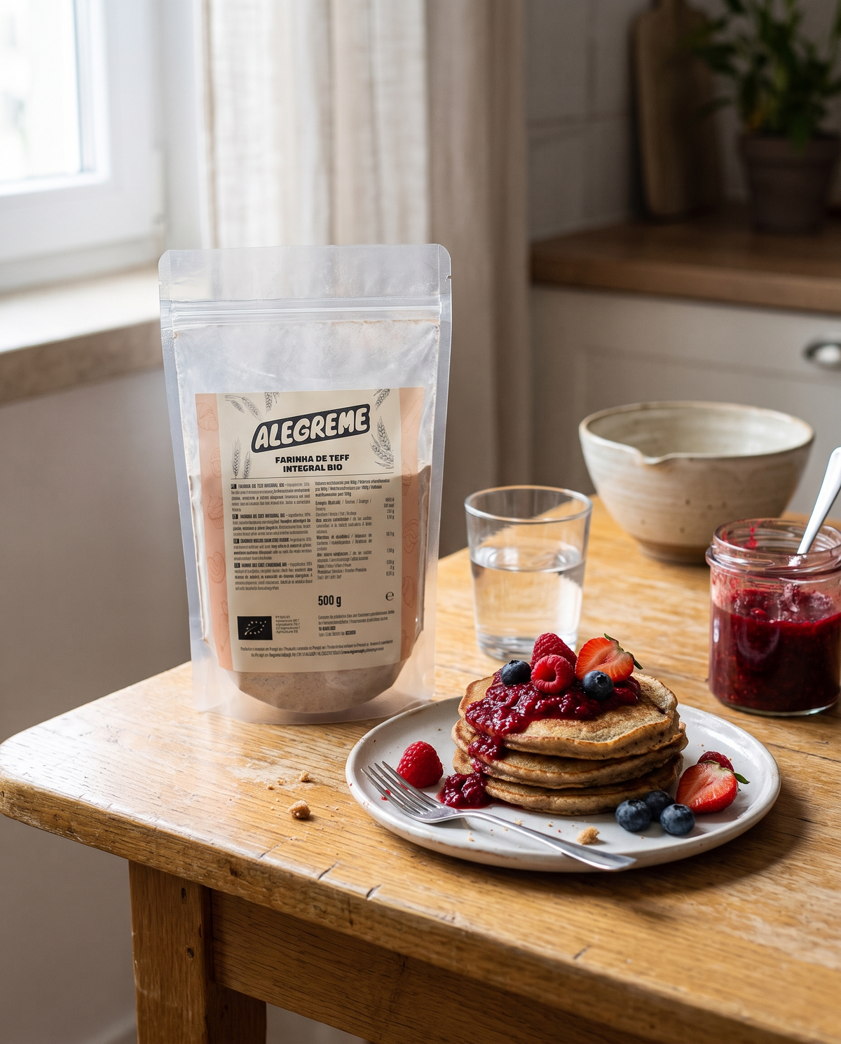 Ilustração de uma embalagem Alegreme de Farinha de Teff Integral BIO 500 g junto de panquecas e frutos vermelhos — sugestão de apresentação.